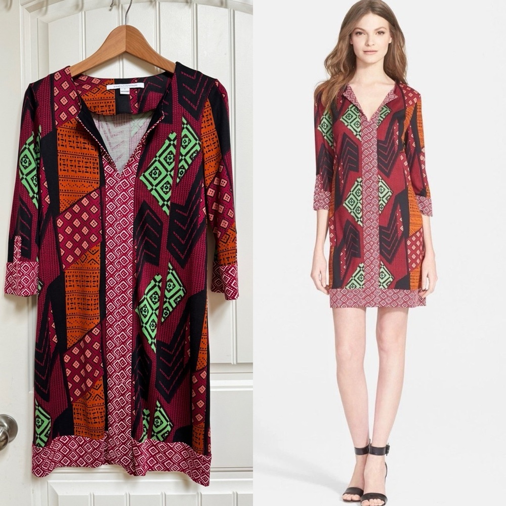 Diane Von Furstenberg Silk Jersey Abstract Print 3/4 Sleeve V Neck Tunic Dress 6